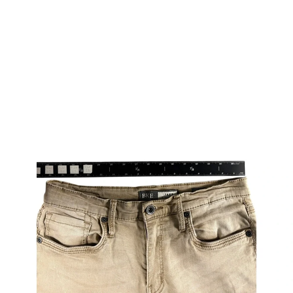 BKE Casuals Jake Straight Jeans Mens 33R Tan Khaki Denim Faded Rugged Workwear